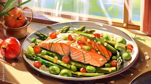 Salmon, asparagus, and cherry tomatoes plated and ready to eat. (Illustration, Generative AI)
