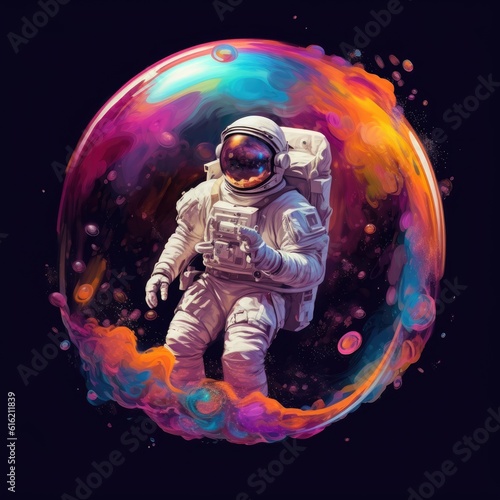 Peaceful galaxy astronaut - man in space suit inside softly glowing pink and blue soap bubble