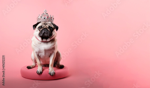 A pug dog in an imperial crown sits on a pink pillow. Pink background. Banner