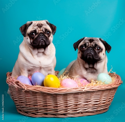 Pugs are sitting in a wicker basket with colorful eggs. Easter illustration. © Лариса Снимушкина