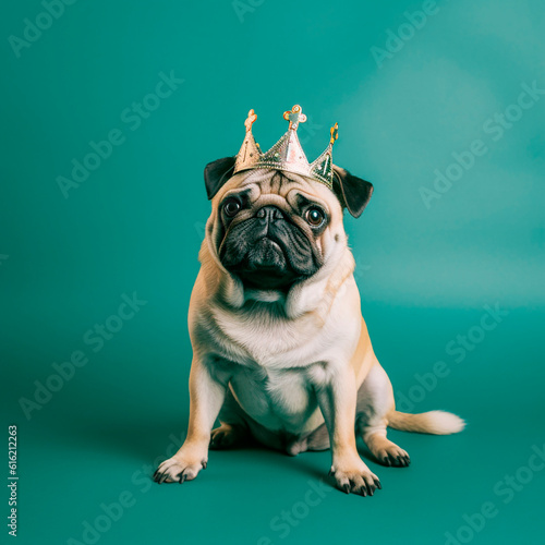 Cute pug in a crown on a green background.