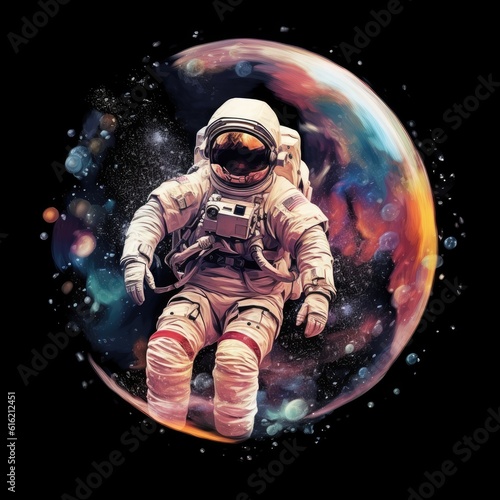 Peaceful galaxy astronaut - man in space suit inside softly glowing pink and blue soap bubble