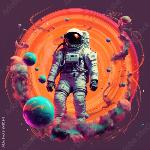 An astronaut in outer space. Colorful illustration, suitable for T-shirts, posters, postcards and books © mirexon