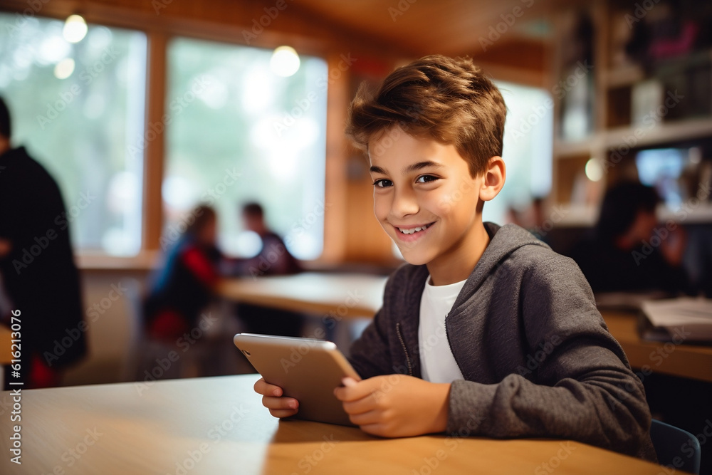 Boy smiles while using tablet in classroom