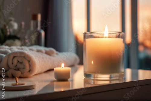 Closeup of scented candles on table with sunset in window. AI generative