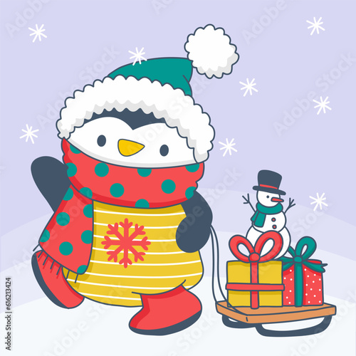 penquin and gift on sleigh on merry christmas