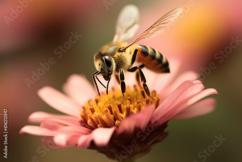Nature's Harmony: Bee Collecting Pollen from Flower. Generative Ai