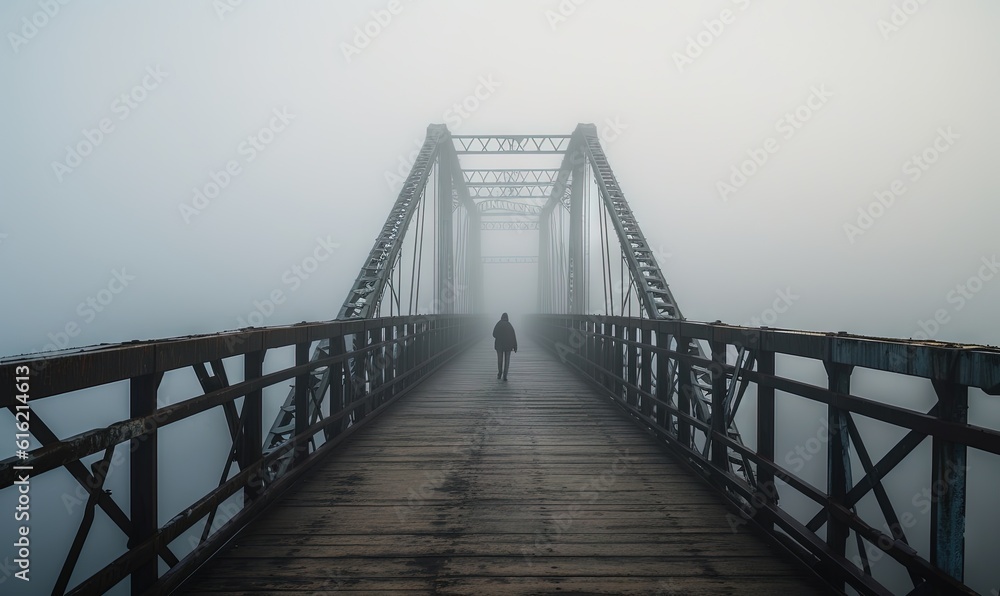  a person walks across a bridge in the foggy weather on a foggy day in the country of new hampshire, united states, on a bridge is a symbol of hope.  generative ai