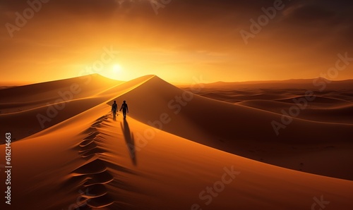  two people are walking across a desert at sunset or sunrise or sunset in the distance, with a long shadow of a person on a sand dune. generative ai