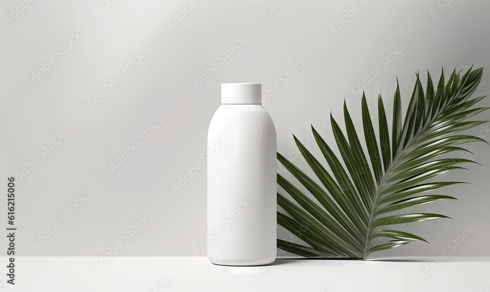 a white bottle next to a green plant on a white tablecloth with a white background and a white wall behind it with a green palm leaf. generative ai a white bottle next to a green plant on a white tablecloth with a white background and a white wall behind it with a green palm leaf. generative ai