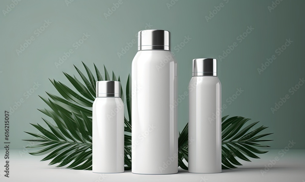 three white bottles with silver caps next to a palm leaf on a green background with a green wall in the background and a green palm leaf in the foreground. generative ai three white bottles with silver caps next to a palm leaf on a green background with a green wall in the background and a green palm leaf in the foreground. generative ai