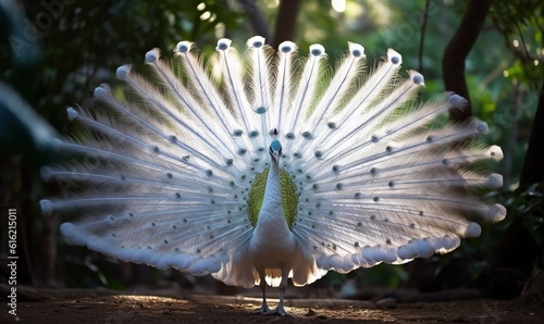  a white peacock with feathers spread out in front of a forest area with trees and bushes in the background, with sunlight shining on the feathers.  generative ai