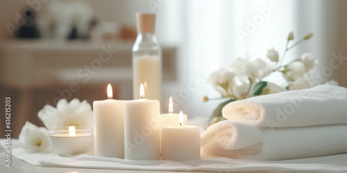 Closeup of candles and white towels, spa salon background. AI generative