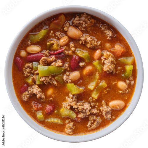 top down photo of beef chili stew in bowl on isolated transparent background 
