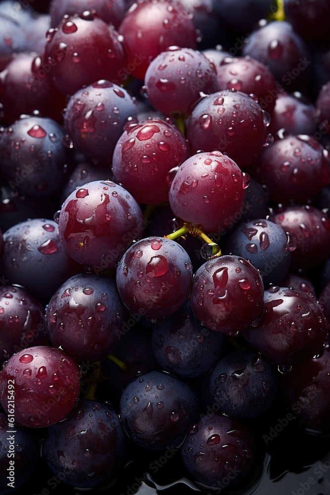 Fototapeta premium Closeup of a bunch of fresh grapes from above. AI generative Art
