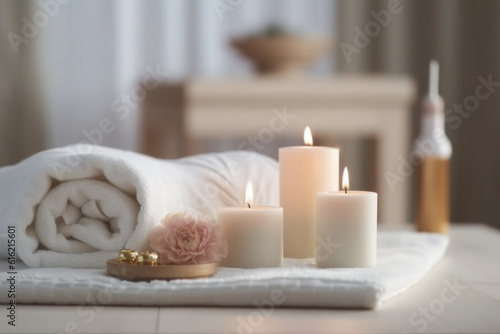 Closeup of candles and white towels on table  bluured room interior on background. AI generative