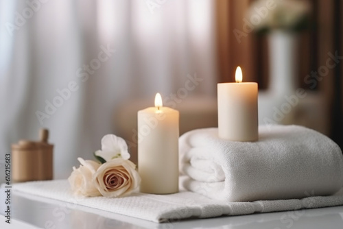 Closeup of candles and white towels on table  blurred bathroom interior on background. AI generative