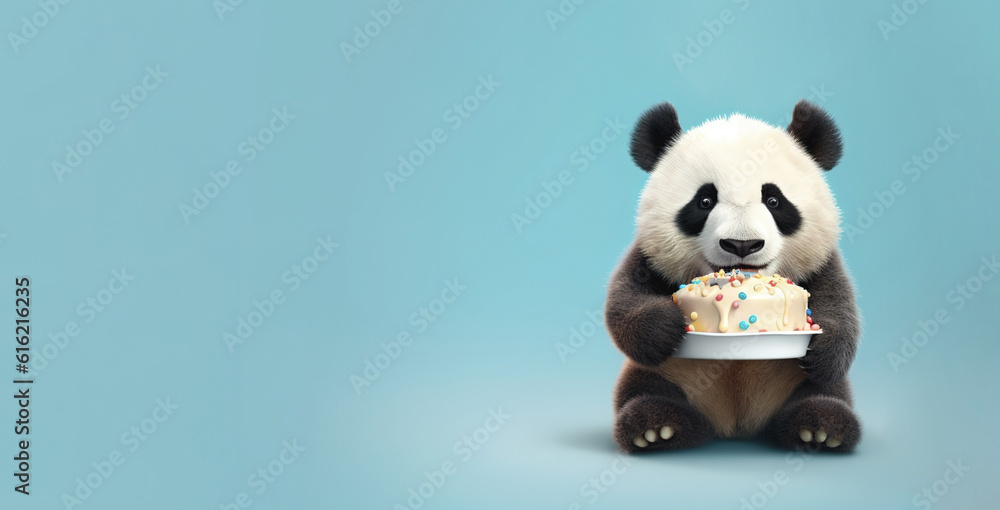 Cute panda with a birthday cake on a blue background. Banner, copy space. AI generation Cute panda with a birthday cake on a blue background. Banner, copy space. AI generation