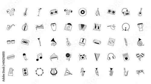 Musical instrument icons set. Strings, winds, keyboards, percussion. Icon Vector illustration collection
