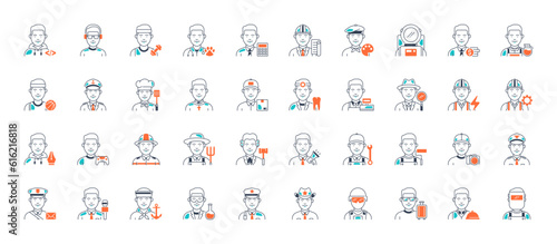 Professions icons set. Occupations, Workers, Lawyer, Chef, Doctor, Developer, Scientist, Farmer, Entrepreneur. Isolated vector illustrations icon.	
