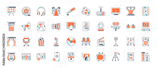 Cinema icon set. Theater Movie sign collection. Set of cinema, movie, video icons, collection film, tv. Popcorn box package Big movie reel. Open clapper board