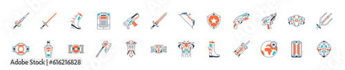Super Hero icon set in thin style. Contains such icons as Water gun, Paintball, Gun, Soldier, Weapon, Submarine, Sword, Radioactive, Medieval, Mace, Military base
