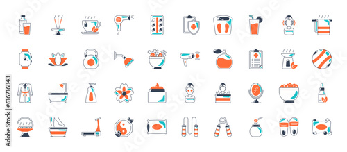 Wellness icon set. Containing massage, yoga, spa, relaxation, health, exercise, diet, wellbeing, meditation, aromatherapy and more. Solid icons collection