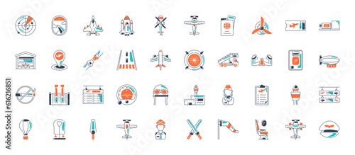 Set of aviation icons. vector icon set such as takeoff, runway, air balloon, landing, monitors, aircraft. airport vector illustration.
