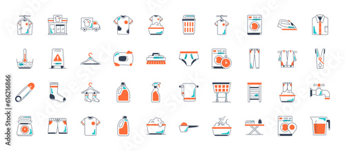 Vector set of laundry icons with of hand washing, dress, iron, washing powder for website and app

