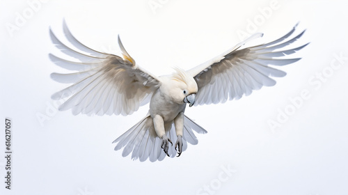 white cockatoo flying, white background. Generative AI. photo