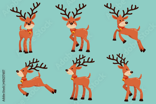 Reindeer characters in various poses and scenes. Merry Christmas cutout element