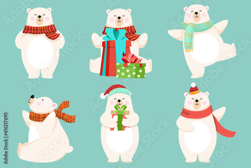 Polar bear characters in various poses and scenes. Merry Christmas cutout element