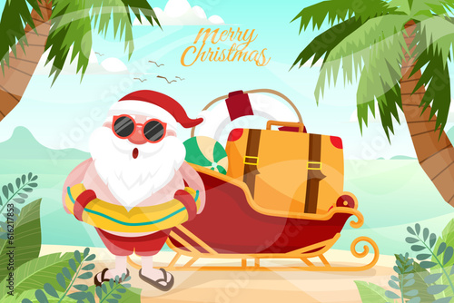 Santa Claus wearing swim ring. Summer Santa Claus with luggage and swim ring on sleigh he has a rest on beach tropical ocean background.