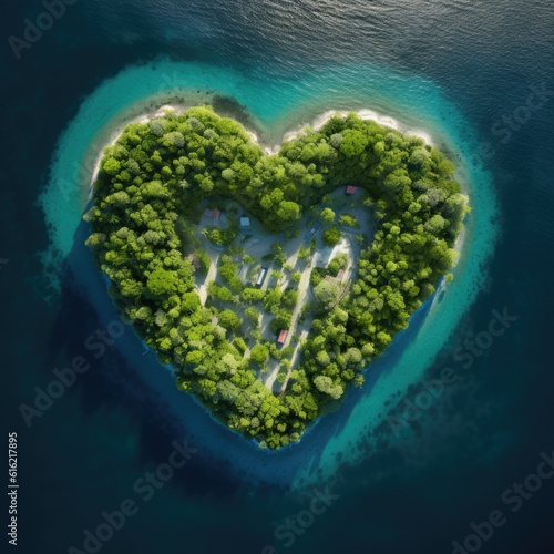 Heart tropical forest shape in the forest from aerial view in concept of environment caring devotion, water sustainability, sun beam, sun set