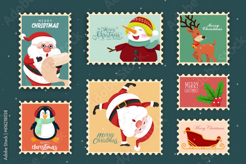 stamp collection with merry christmas object vector