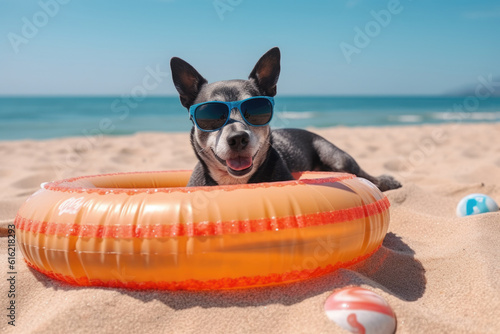 Happy chihuahua dog in sunglasses and with an inflatable ring for swimming on vacation looks at the camera on the beach. Vacation concept with pets © Georgi