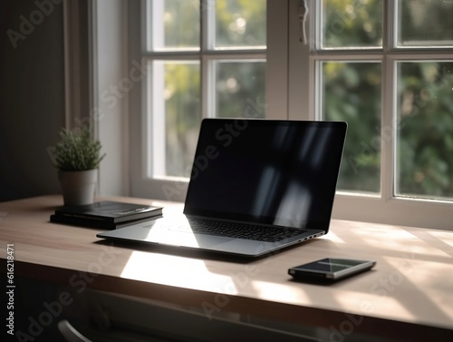 Blank screen laptop on wooden table in bright room, realistic and neutral scene with productivity ideas, generative AI © Jose