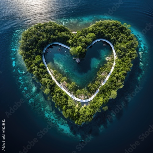 Landscape symbol of romance and love with a heart shaped forest seen from the sky in a forest and drawn with a road