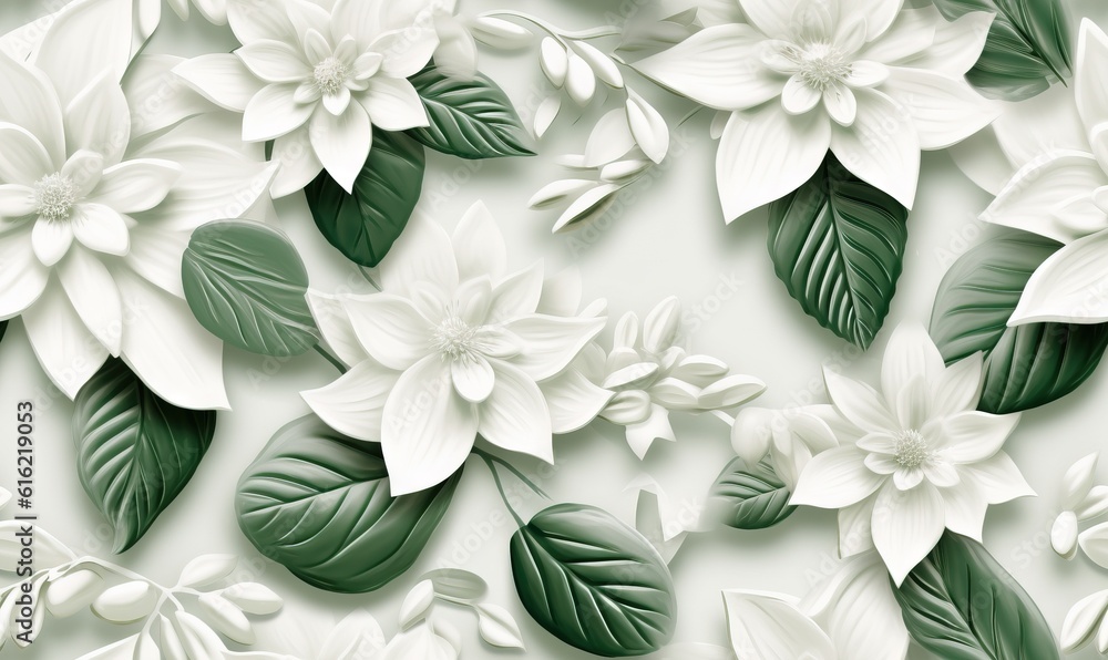  a bunch of white flowers with green leaves on a white background with a green leafy pattern on the bottom of the image and bottom half of the image.  generative ai