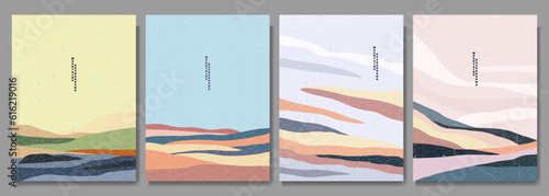 Vector illustration. Mountain peaks, water in desert, wavy hills. Colorful background. Asian style. Design for poster, book cover, brochure, layout. Wall art. Retro style. Linear drawn texture