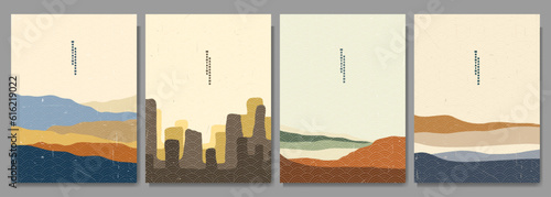 Vector illustration. Mountains, desert, water in desert. Vintage old 60s, 70s background. Asian style. Design for poster, book cover, brochure, layout. Wall art. Retro style. Linear drawn texture