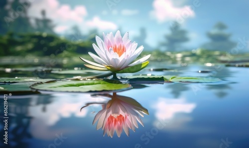  a pink and white water lily floating on top of a lake with lily pads on the surface of the water and trees in the background. generative ai