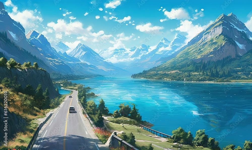  a painting of a road going through a mountain range with a lake in the foreground and mountains in the background, with a car driving on the road in the foreground.  generative ai