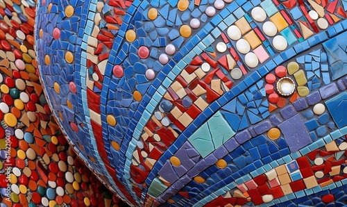  a large colorful piece of art made out of ceramic tiles and glass beads on a table or bench or wall, with a circular hole in the center of the middle of the piece.  generative ai