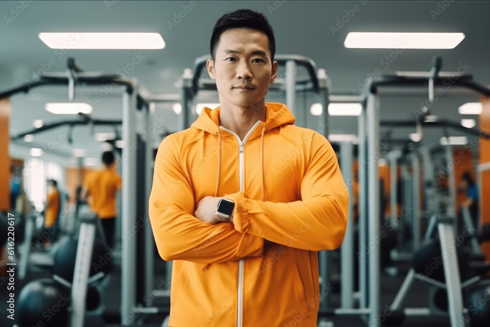 Asian man in bright sport clothes at the gym , AI Generated Asian man in bright sport clothes at the gym , AI Generated