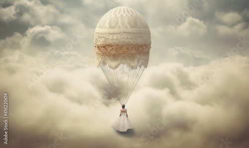  a woman in a white dress is flying in the sky with a large balloon in the air above the clouds with a woman in a white dress. generative ai
