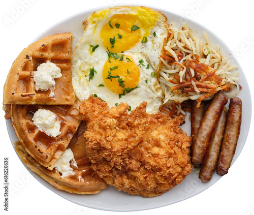 Konstfotografi chicken and waffles breakfast meal sausage links, hash-browns, and sunny side up