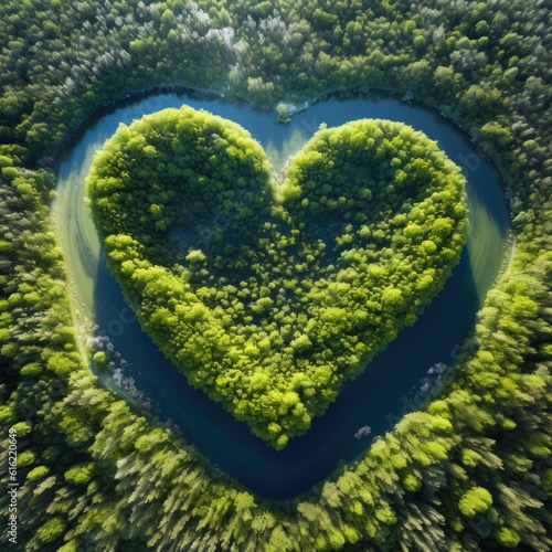 Heart in an island by a forest on a lake, landscape of love and romance for dreamy lovers