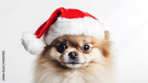 The muzzle of a cute puppy in a santa claus hat  close-up light background copy space. New Year  holiday concept