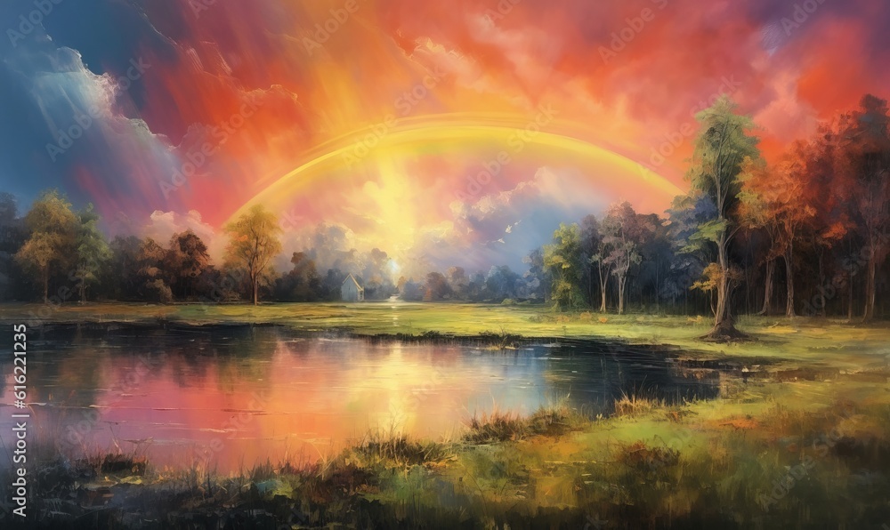a painting of a sunset over a lake with a rainbow in the sky above it and trees in the foreground, and grass and grass in the foreground. generative ai a painting of a sunset over a lake with a rainbow in the sky above it and trees in the foreground, and grass and grass in the foreground. generative ai